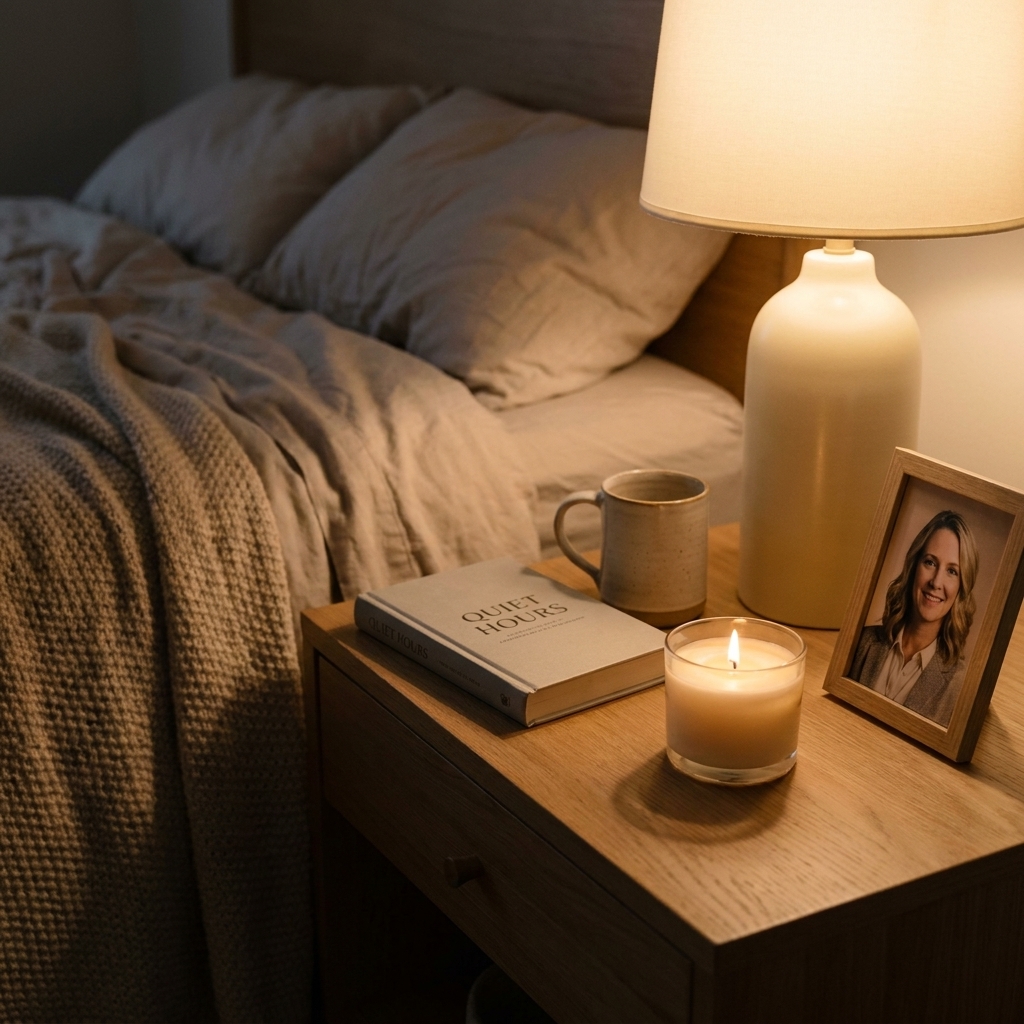 A bedside table with a small candle and a book in soft evening light, creating a calm bedroom atmosphere