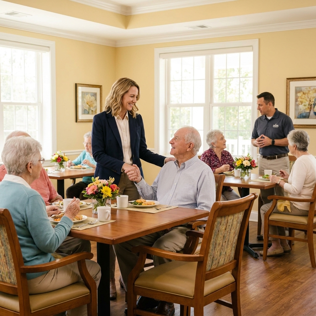 A bright, welcoming assisted living dining room with older adults seated at tables and staff members chatting with residents