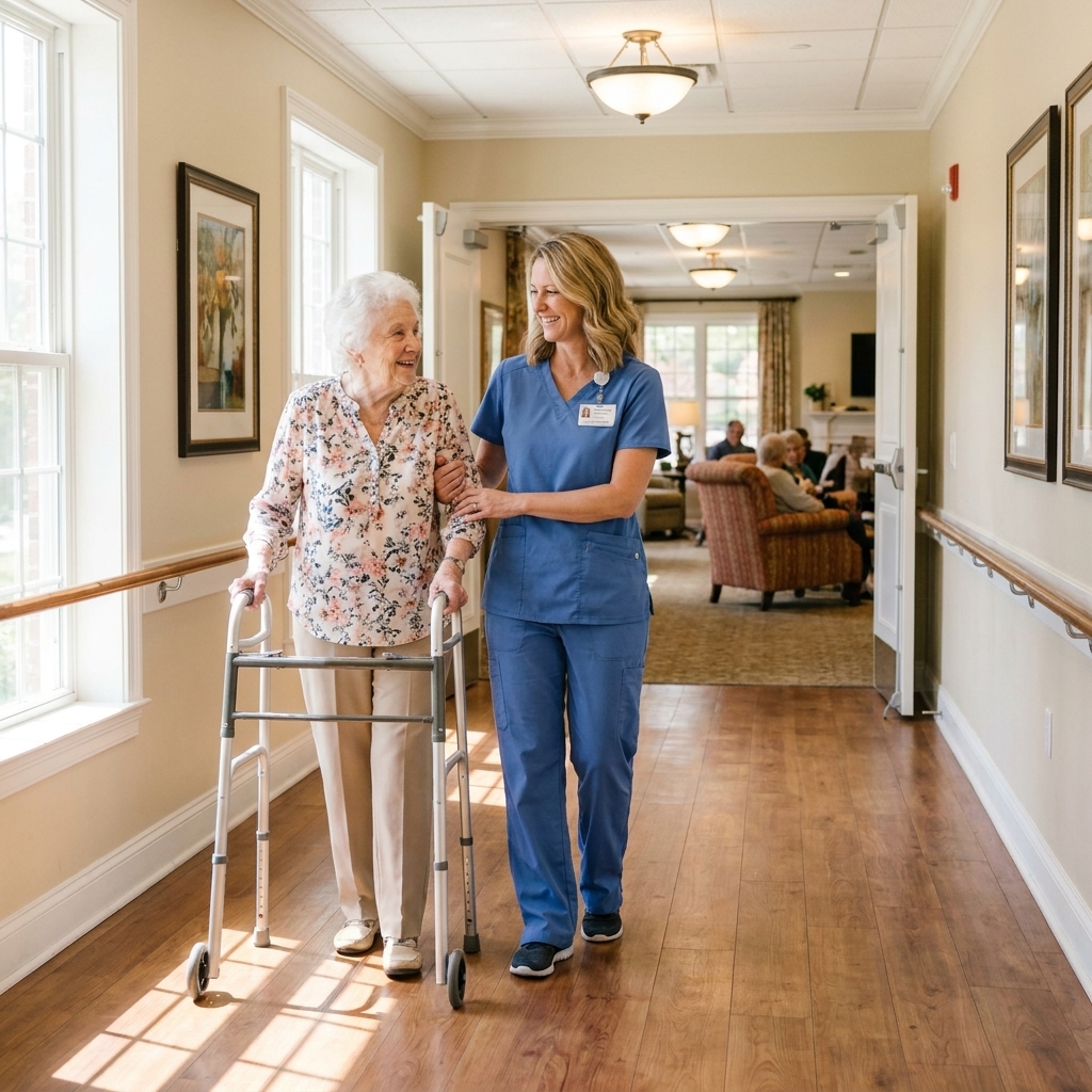 A caregiver in an assisted living community walking with an older resident down a well-lit hallway toward common areas