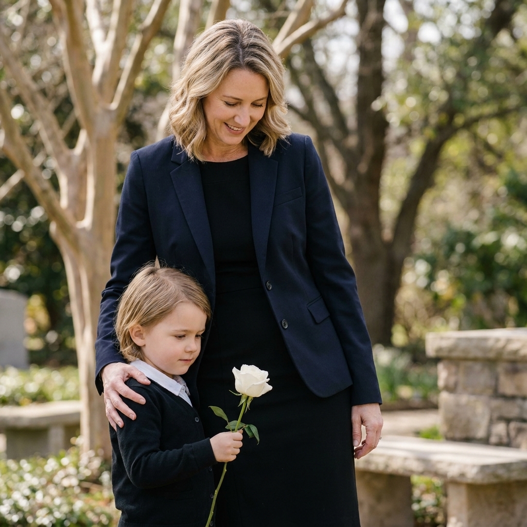 A child holding a single flower while standing beside an adult outdoors, both dressed for a memorial service in a calm, respectful moment