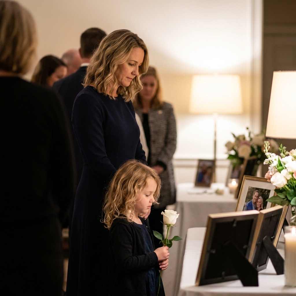 A child holding a single flower while standing quietly near a family member at a memorial gathering in a softly lit room