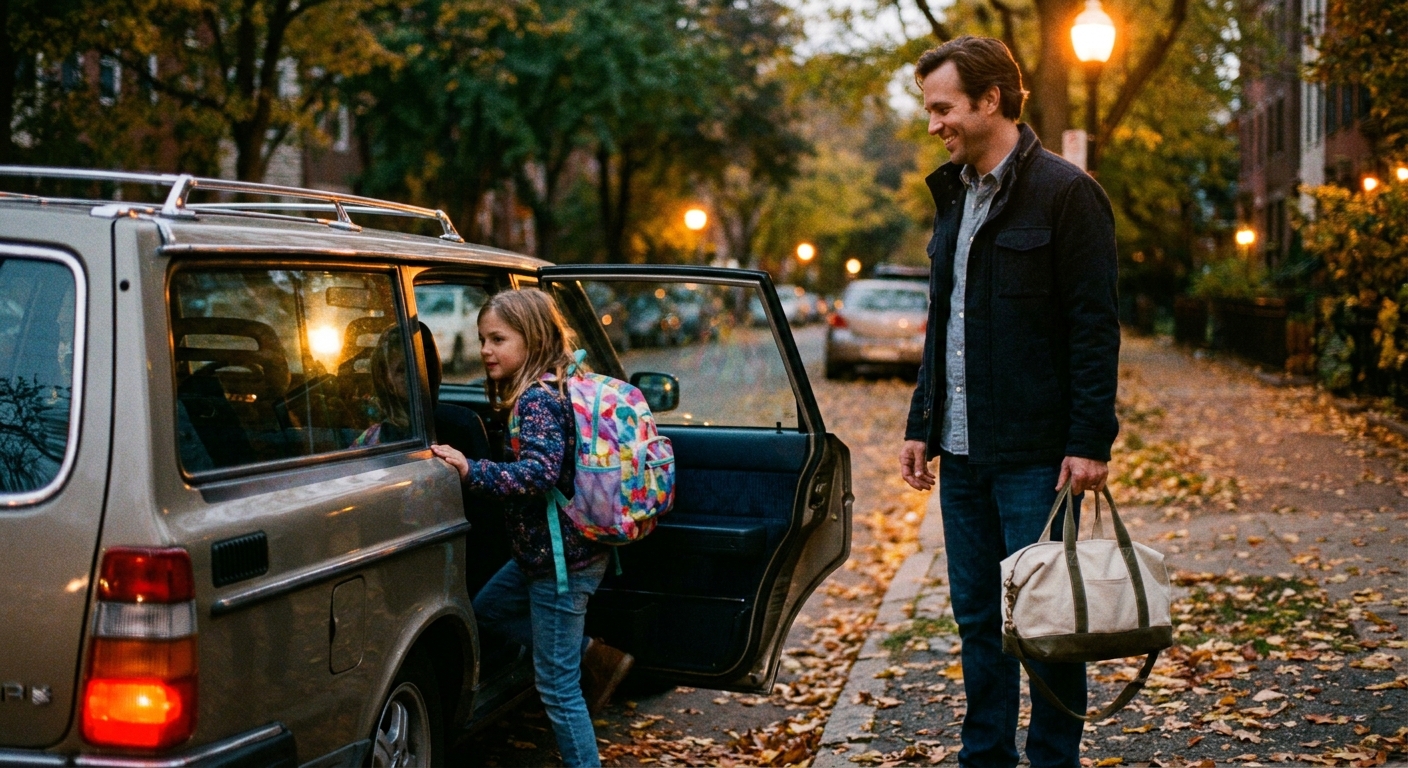 A child with a backpack stepping out of a car while a parent stands nearby holding a small overnight bag, early evening street scene