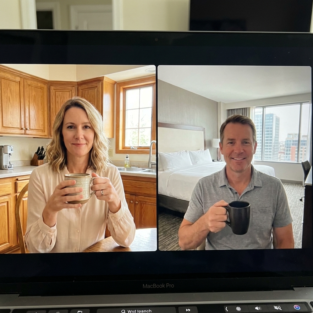 A couple holding coffee mugs during a morning video call, one in a kitchen at home and the other in a hotel room, both smiling softly