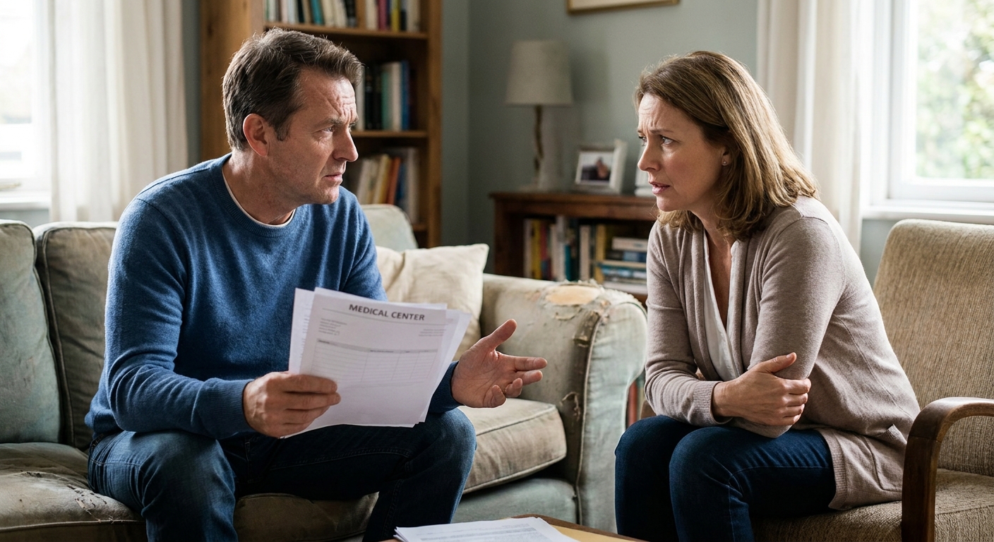 A couple in a living room has a tense conversation; one person holds medical documents while both look stressed but engaged