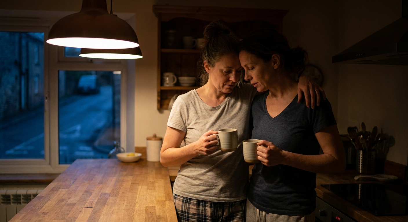 A couple in their 40s standing in a softly lit kitchen at night, talking quietly while holding mugs, a tired but supportive moment