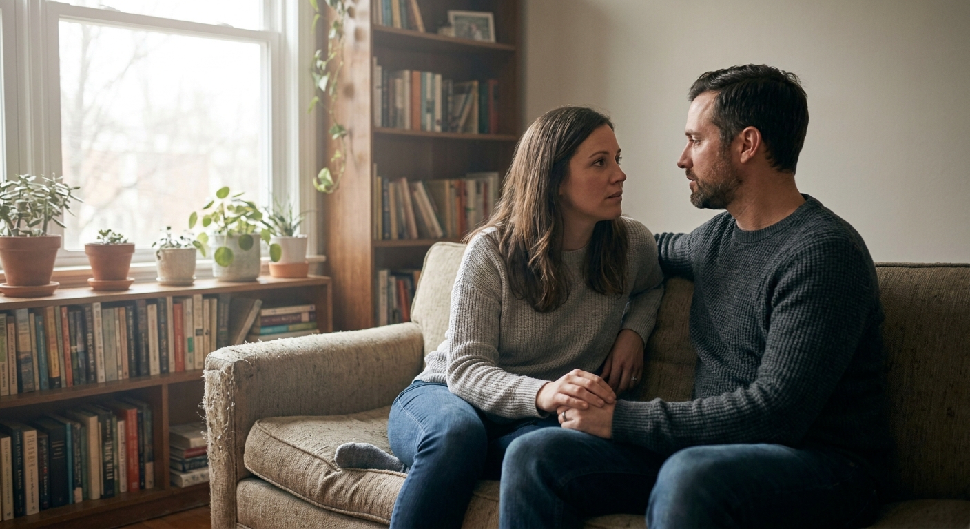 A couple in their thirties sitting on a living room couch, leaning toward each other in a calm but serious conversation, natural window light
