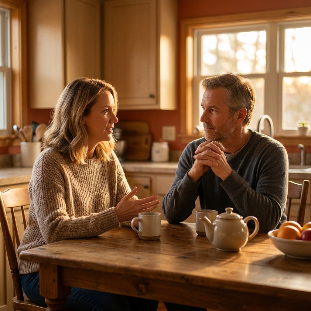A couple seated at a kitchen table speaking calmly, one partner listening with hands folded while the other explains their feelings, warm evening light