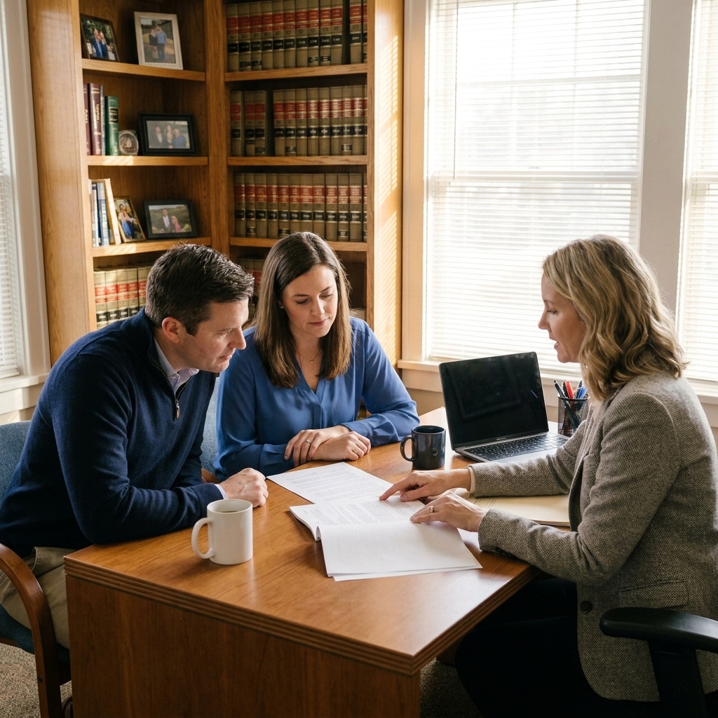 A couple seated in a small law office reviewing documents with an attorney across the desk