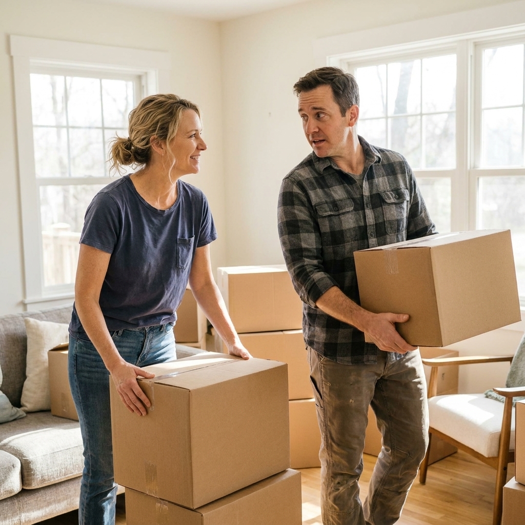 A couple setting down moving boxes in a bright living room, pausing to look at each other with a mix of nerves and excitement