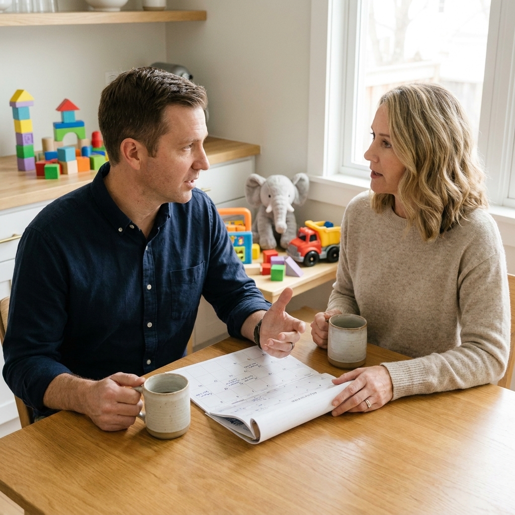 A couple sits at a kitchen table with a paper calendar and two mugs, talking while children’s toys are visible nearby.