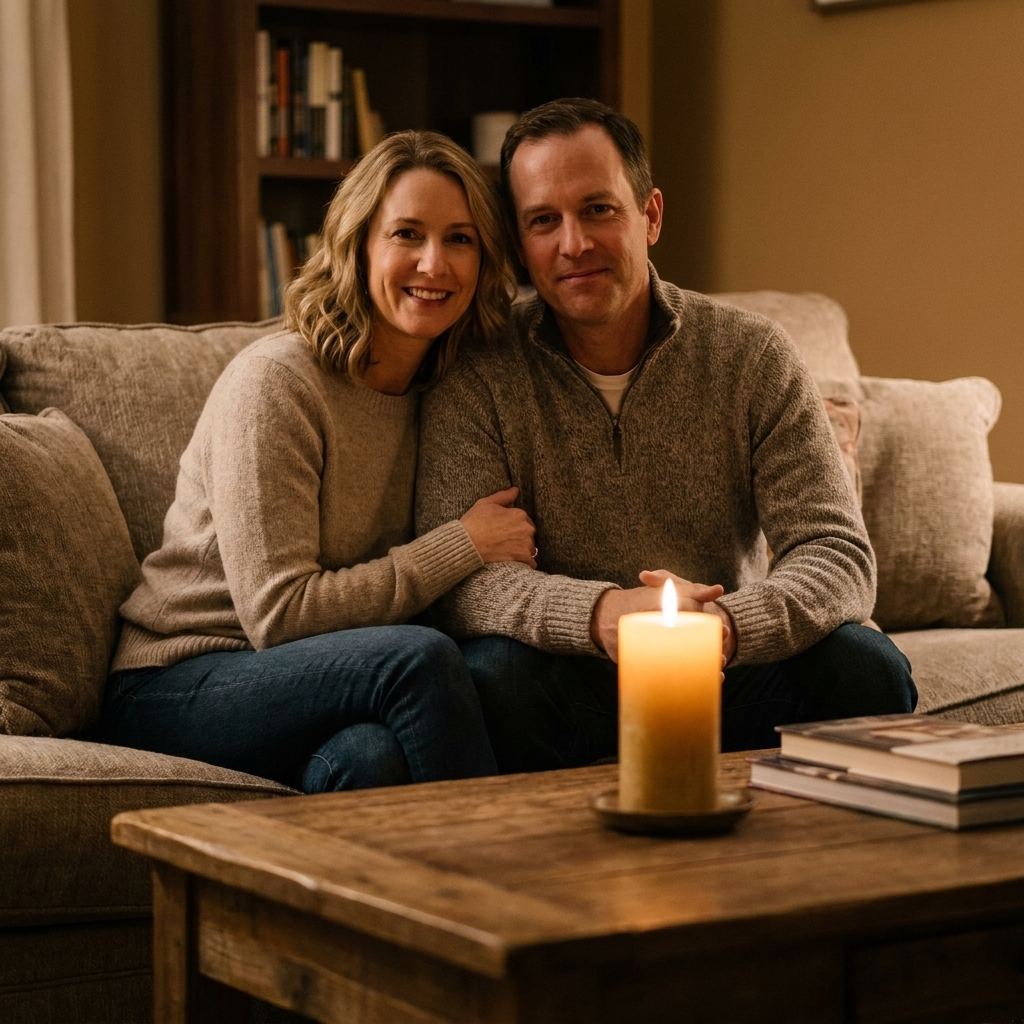 A couple sits close together on a living-room sofa with a candle on the coffee table in warm, dim light.