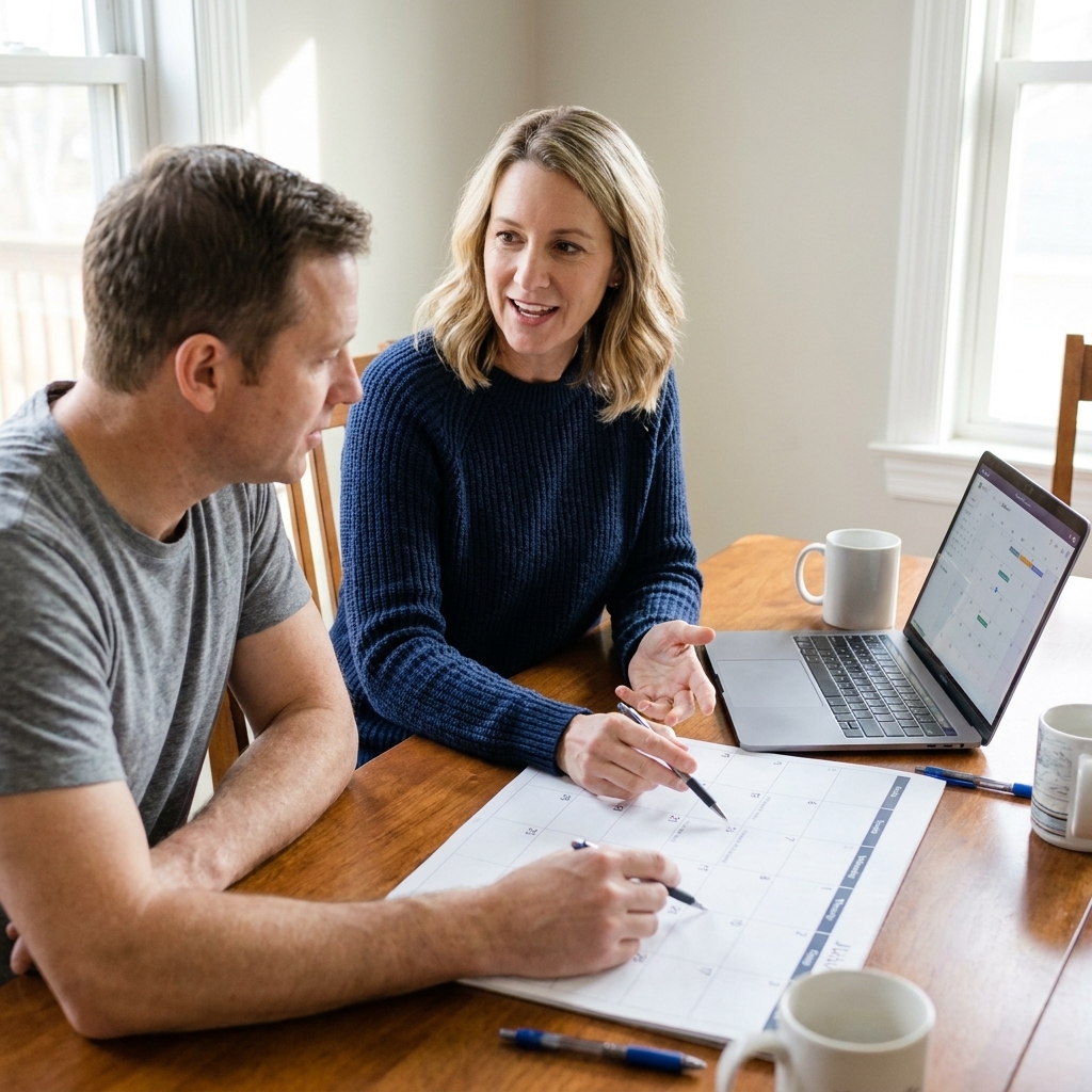 A couple sitting at a dining table with a paper calendar and a laptop, pointing at dates while discussing their weekly schedule, candid home photo