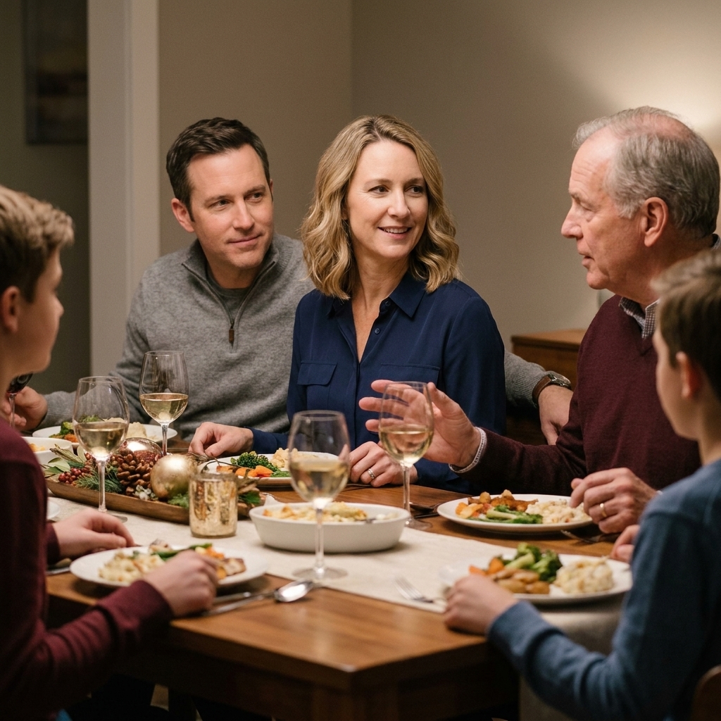 A couple sitting at a dinner table with extended family, smiling politely while listening during a conversation
