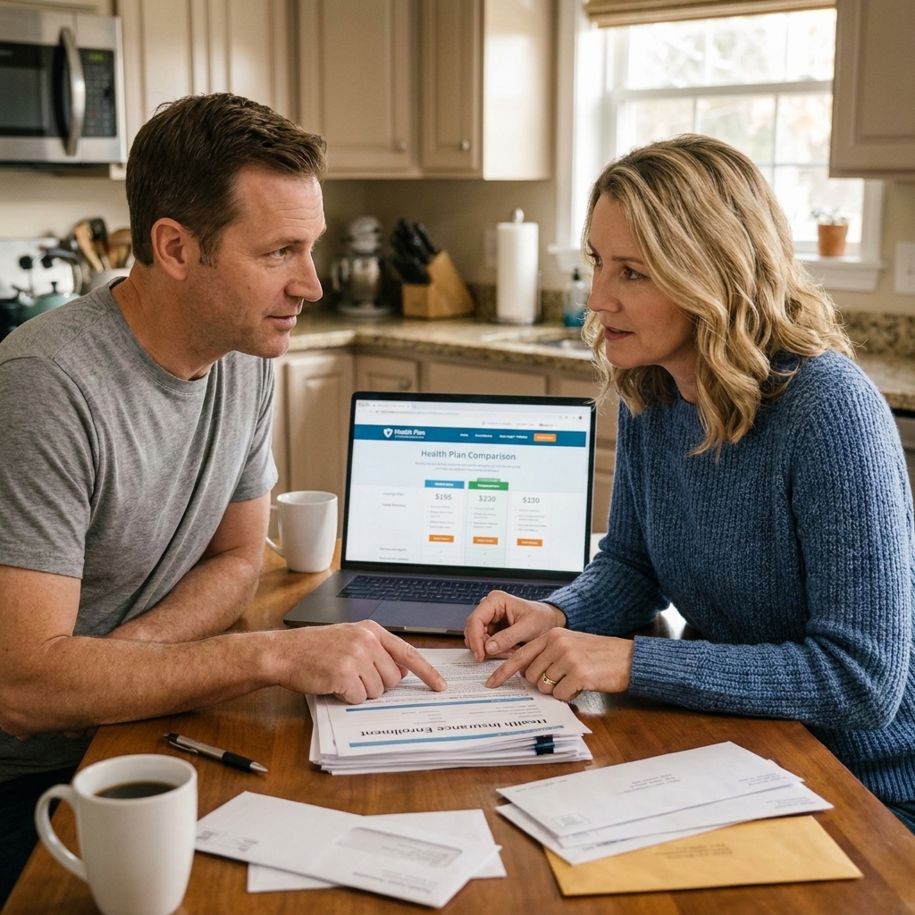 A couple sitting at a kitchen table reviewing health insurance enrollment papers with a laptop open