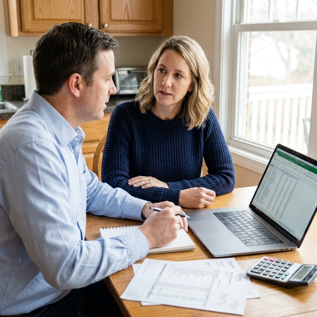 A couple sitting at a kitchen table with a laptop, bank statements, and a notebook open, talking seriously but calmly while reviewing finances