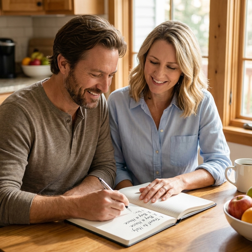 A couple sitting at a kitchen table with a notebook open, talking calmly while writing down shared goals