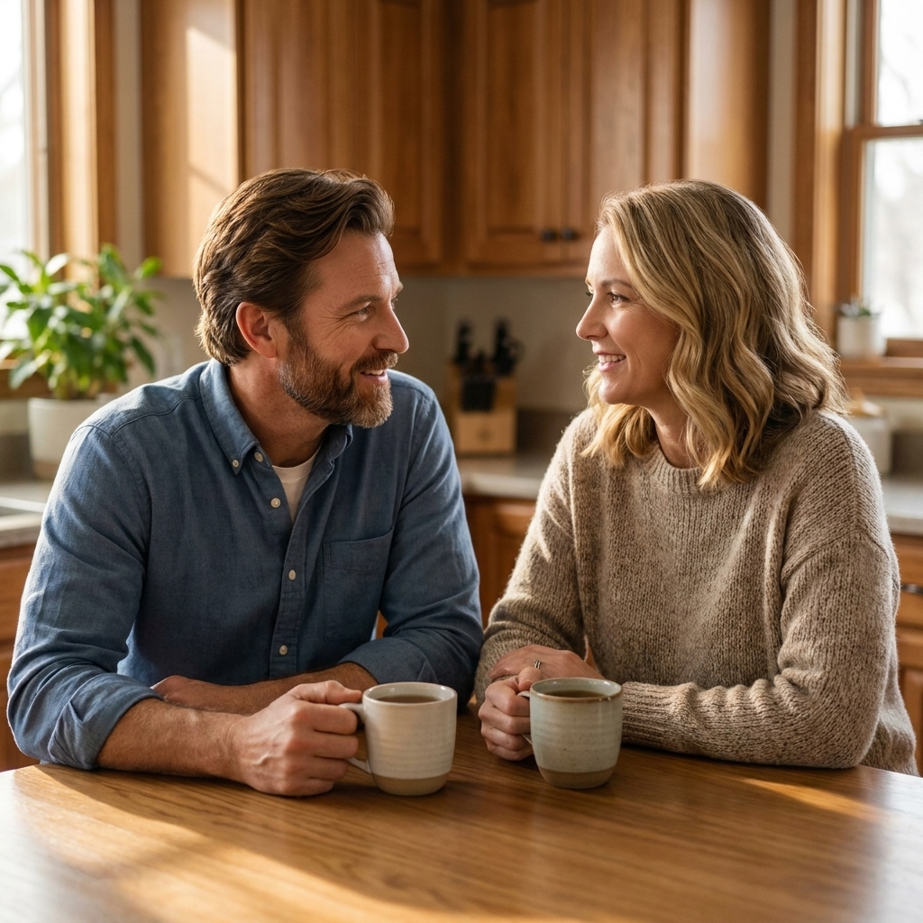 A couple sitting at a kitchen table with two mugs of tea, leaning in and talking calmly with relaxed expressions in warm indoor light
