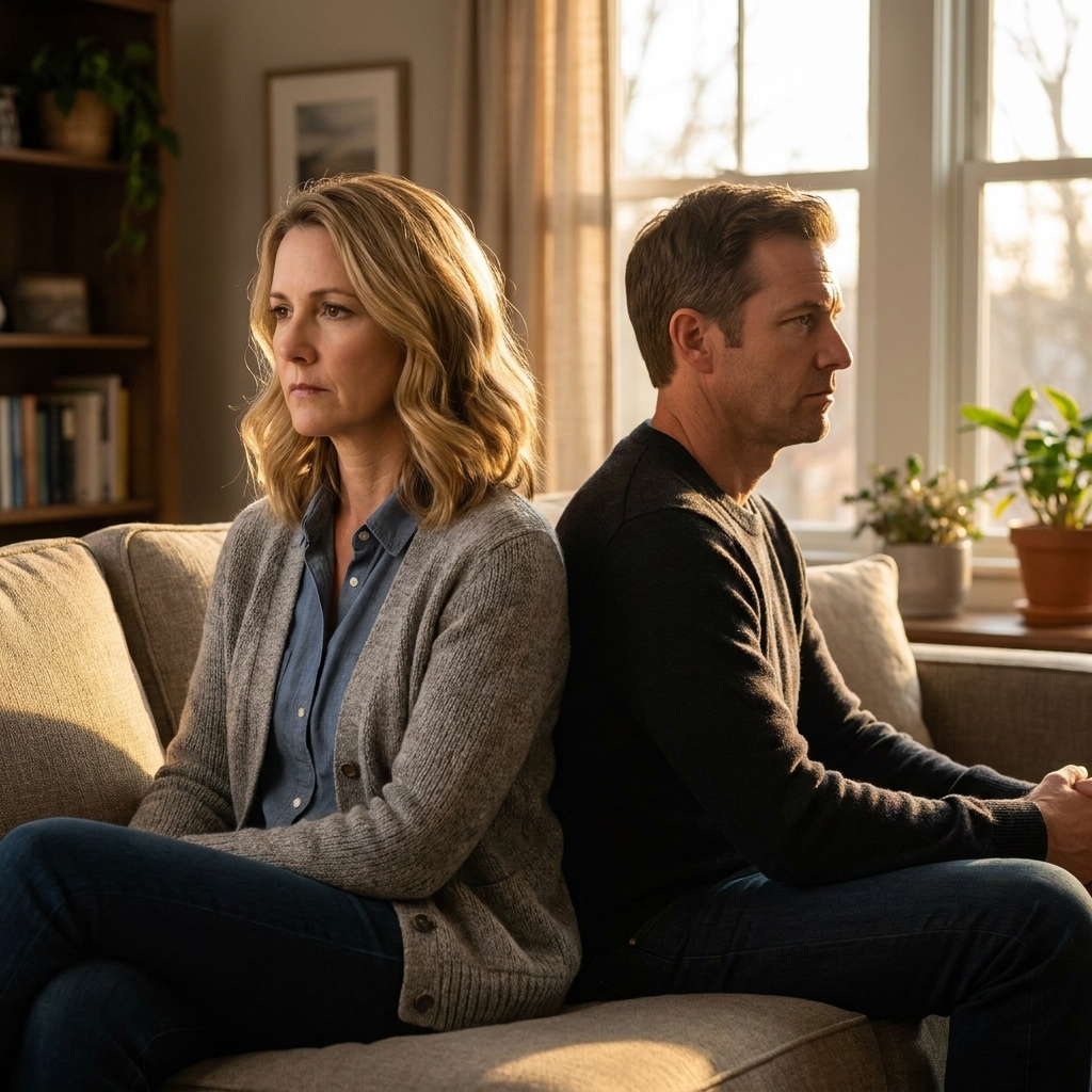 A couple sitting back to back on a living room couch, both looking away in silence, late afternoon light and a tense, distant posture