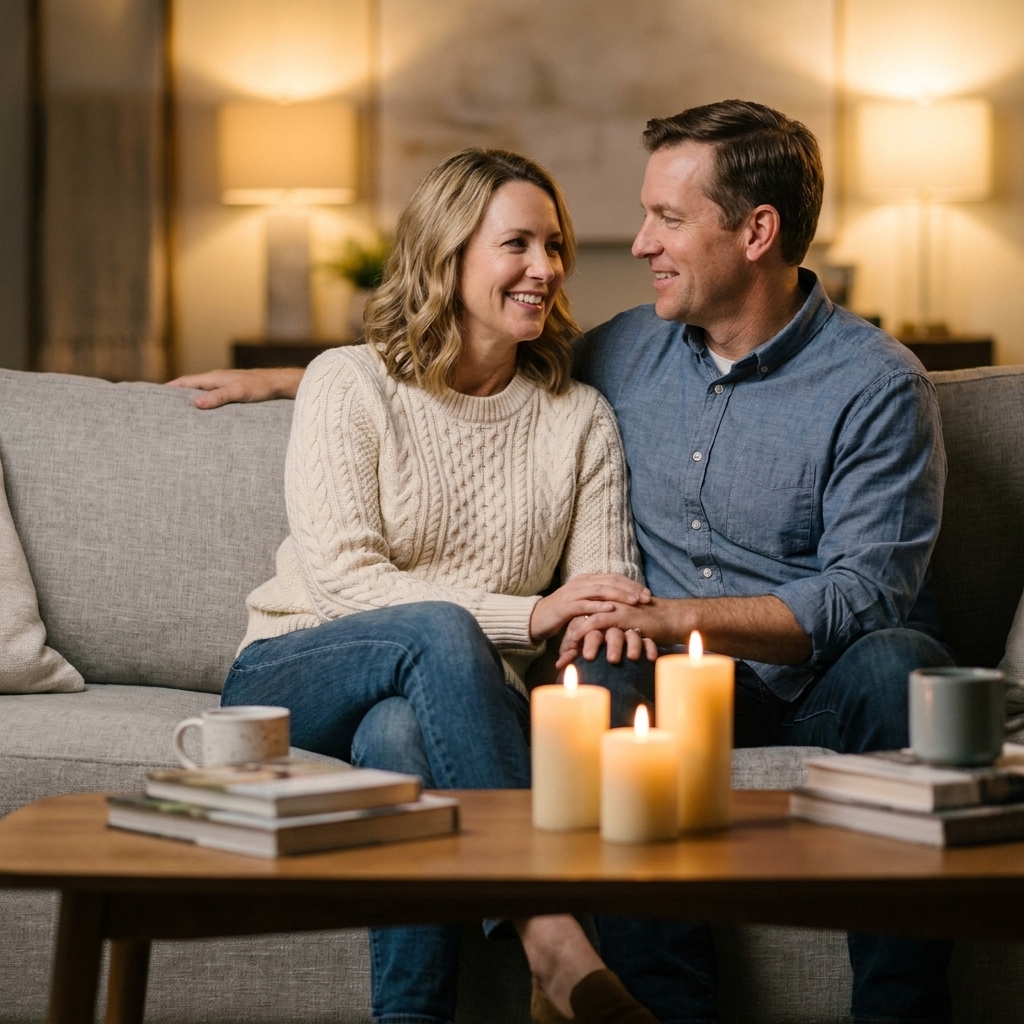 A couple sitting close together on a couch in a softly lit living room with a few candles on the coffee table, relaxed and smiling