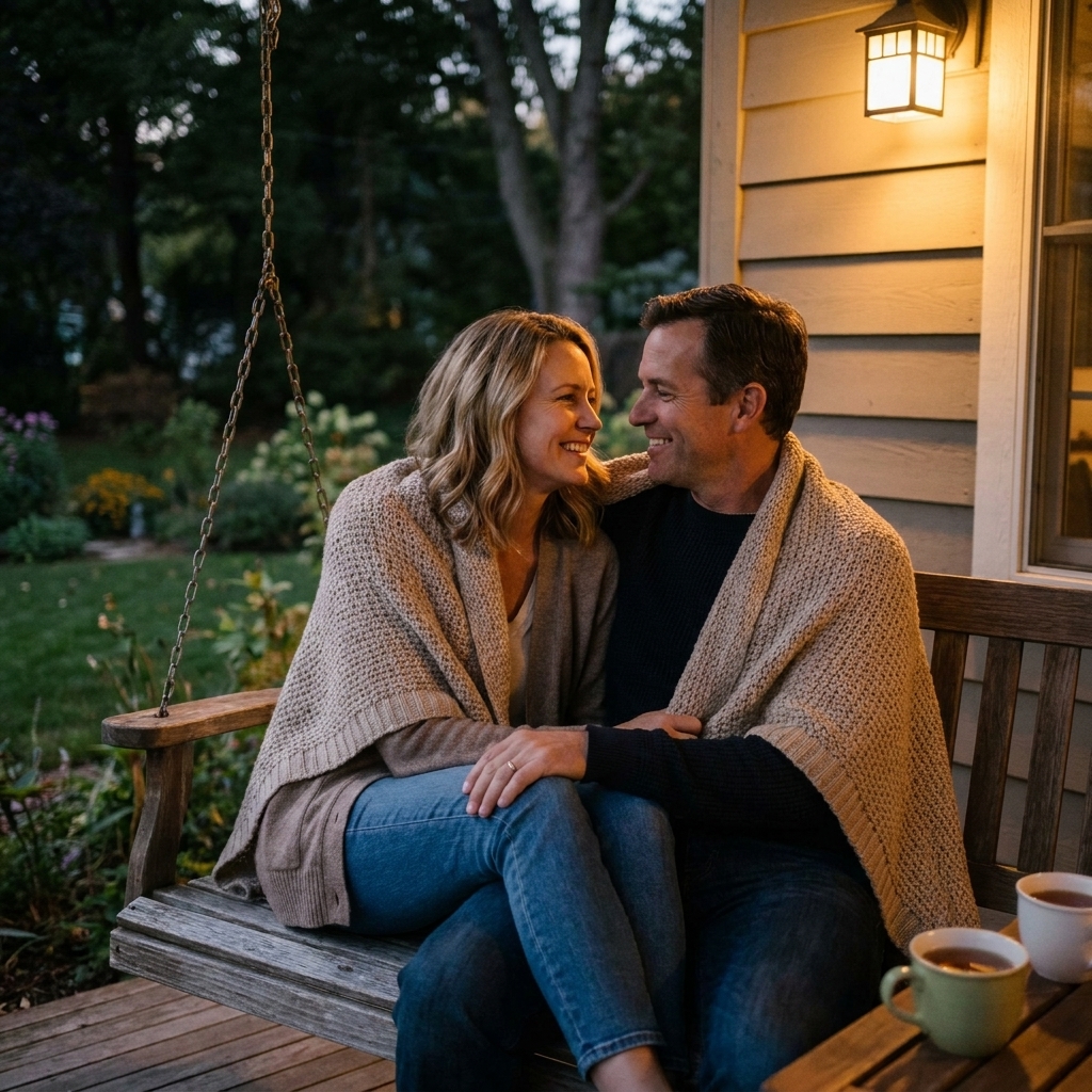 A couple sitting close together on a porch in the evening, wrapped in a light blanket, sharing quiet eye contact