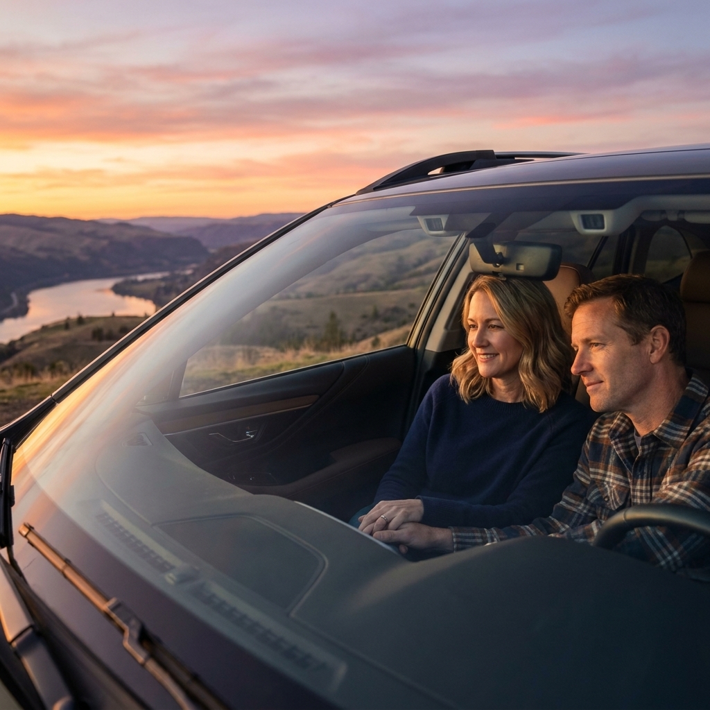 A couple sitting in the front seats of a parked car, looking out at a sunset over a quiet overlook, hands resting together on the center console