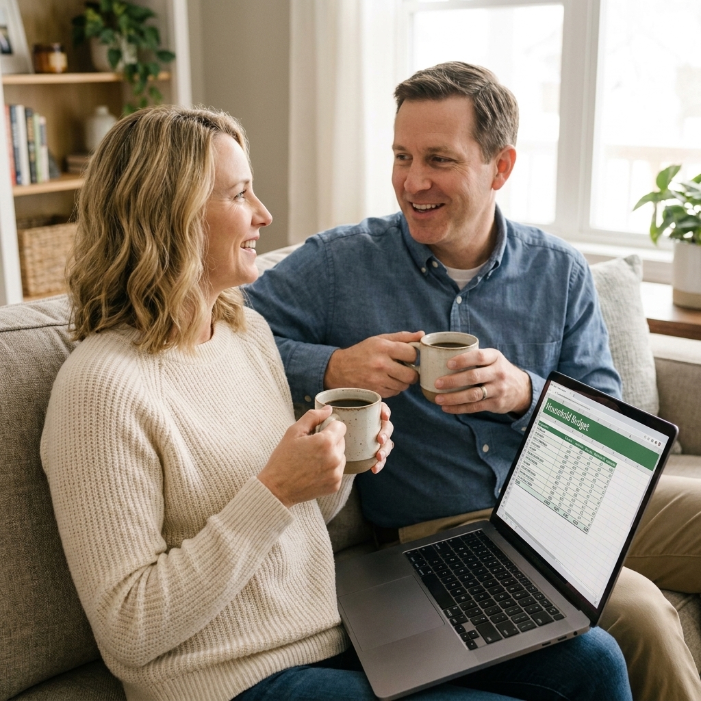A couple sitting on a couch with two mugs of coffee and a laptop open on a budgeting page, relaxed and talking