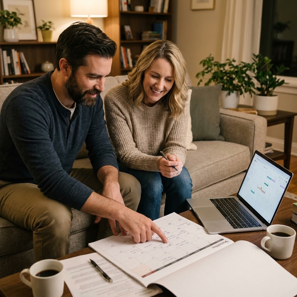 A couple sitting on a living room couch with a paper calendar and a laptop, discussing their weekly schedule