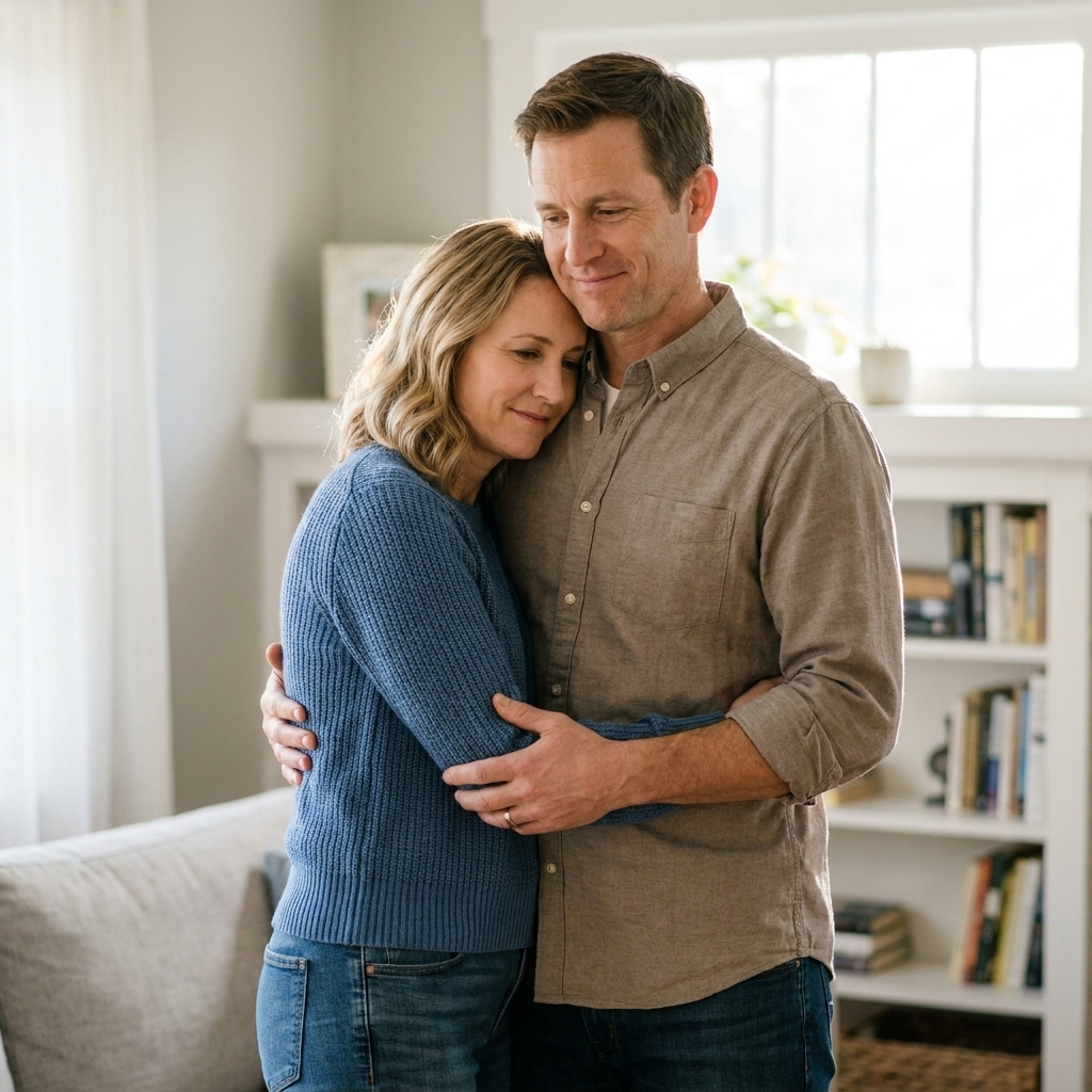 A couple standing in a living room sharing a gentle hug after a disagreement, both looking relieved and connected, natural daylight