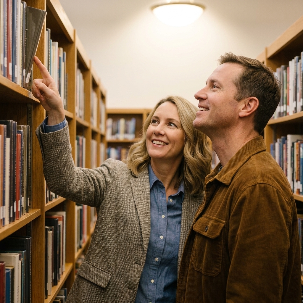 A couple standing in a public library aisle, smiling while looking at book spines together under soft overhead lighting