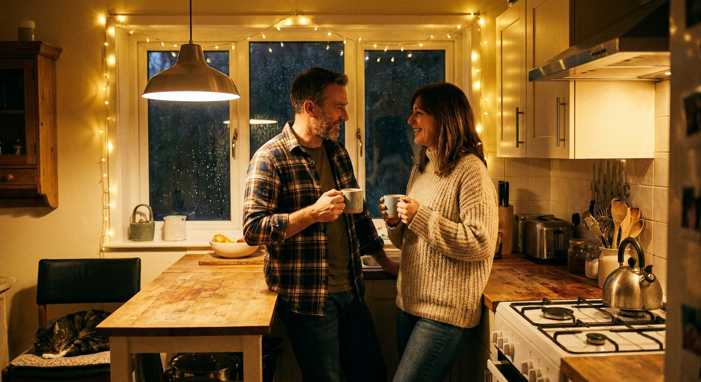 A couple standing together in a warm kitchen at night, each holding a mug of tea, talking quietly near a countertop