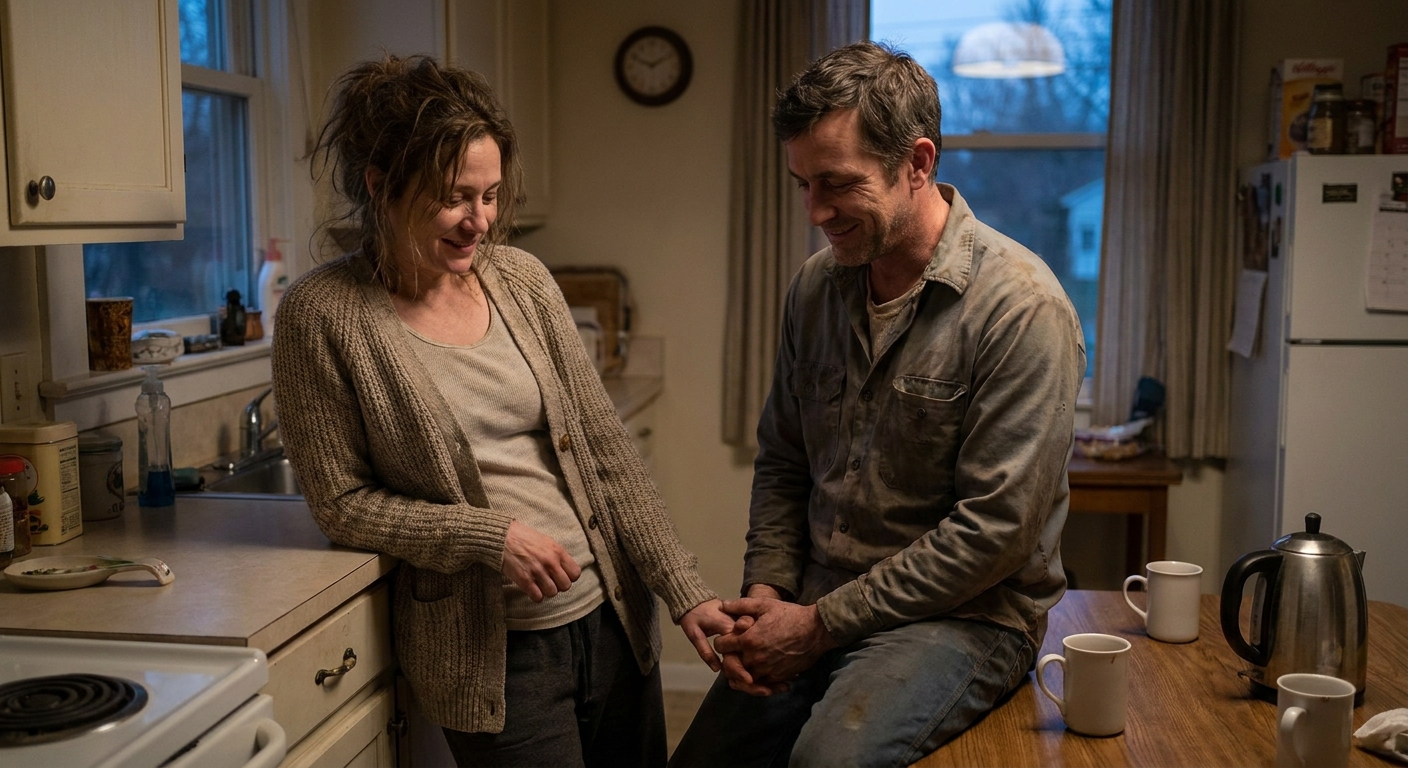 A couple stands quietly in a kitchen; one person gently holds the other’s hand as they both look tired but connected