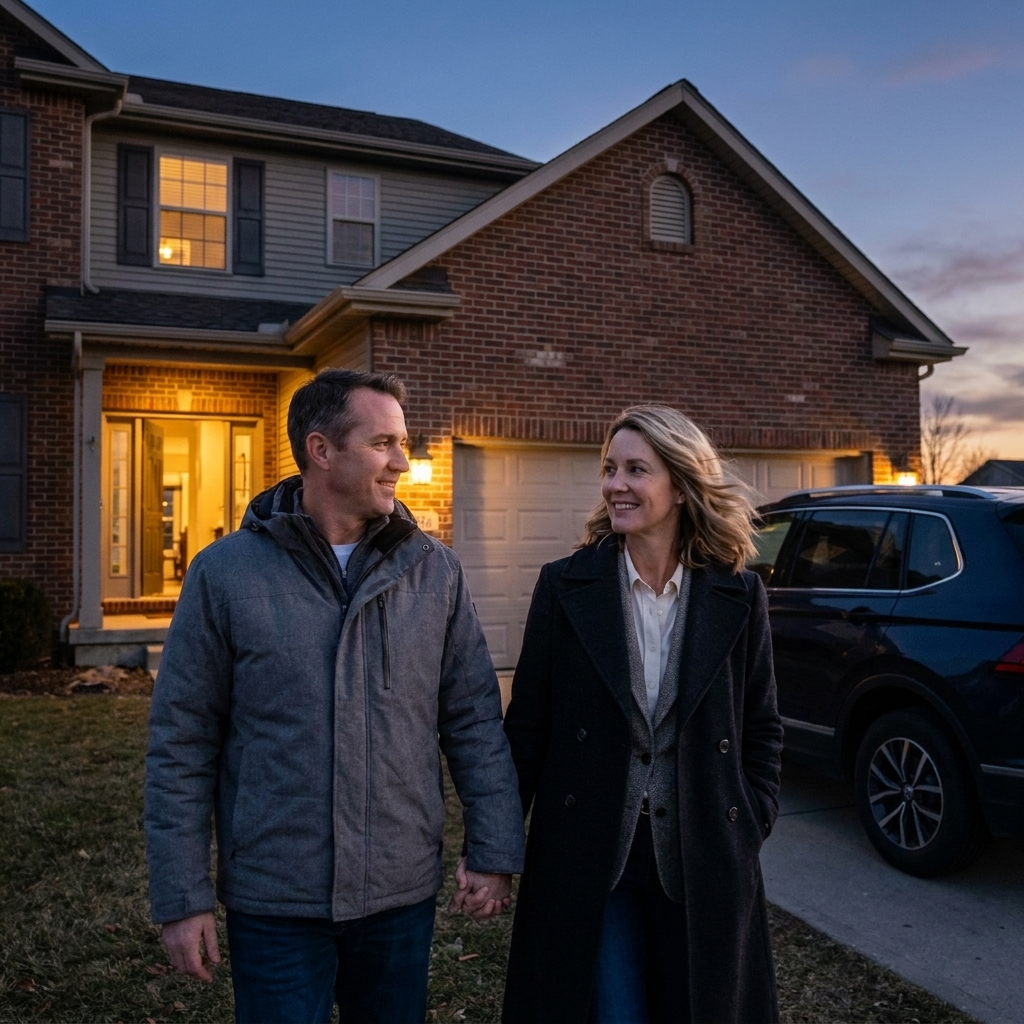 A couple walking out the front door of a family home at dusk, holding hands and looking relieved, coats on and car in driveway