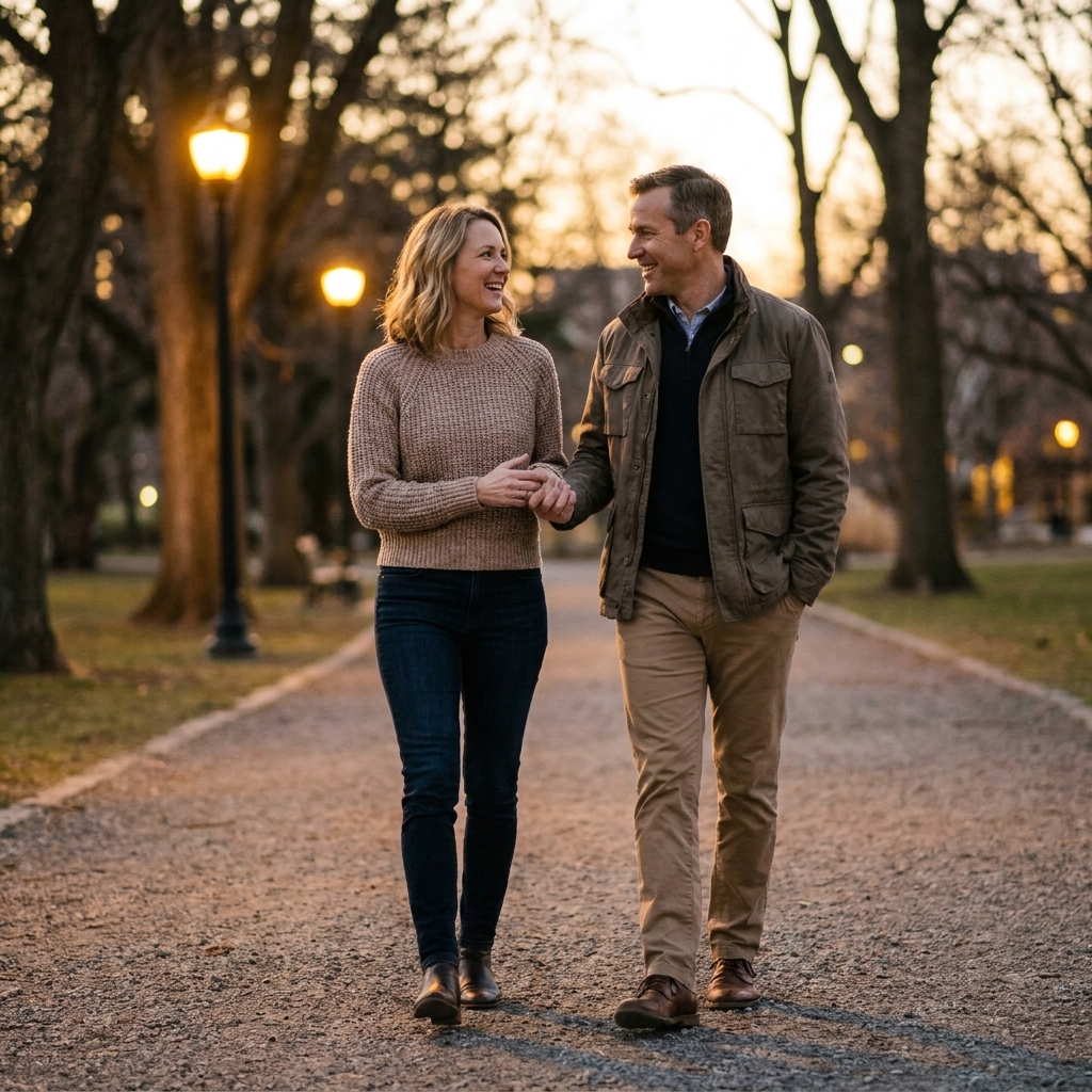 A couple walking side by side in a park at dusk, hands loosely touching, both looking relaxed and engaged in conversation