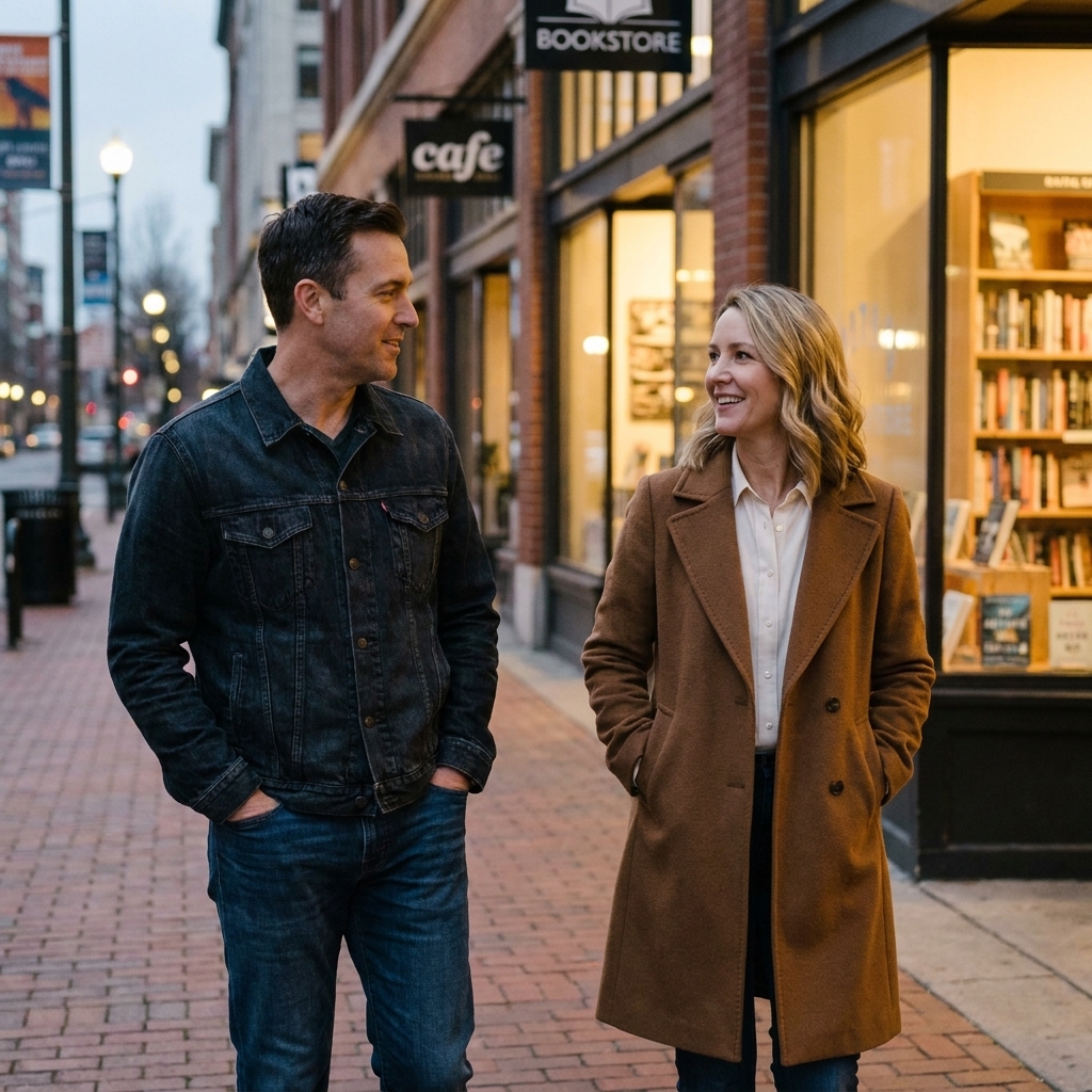 A couple walking side by side on a city sidewalk at dusk, relaxed posture, hands in pockets, talking casually while passing storefronts