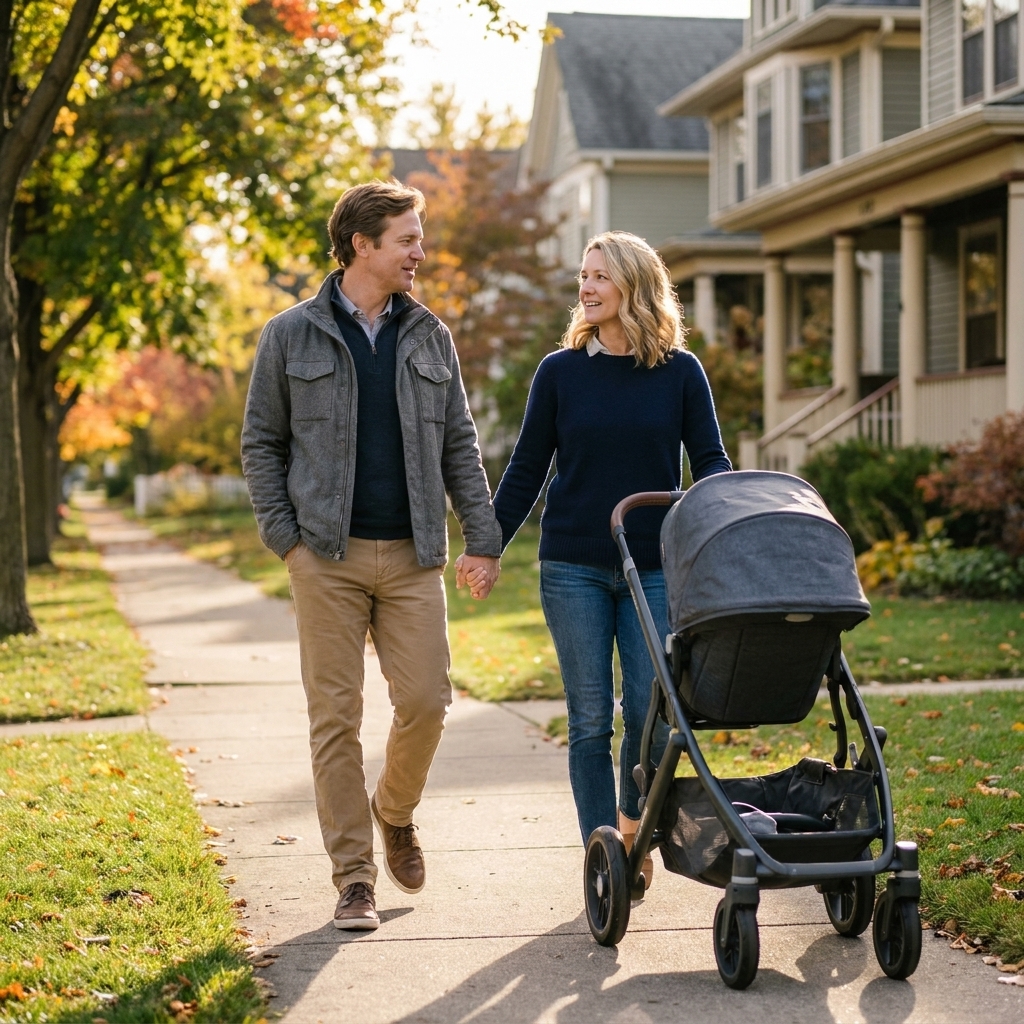 A couple walking side by side on a neighborhood sidewalk pushing a stroller, holding hands and talking quietly, late afternoon sunlight, candid photograph