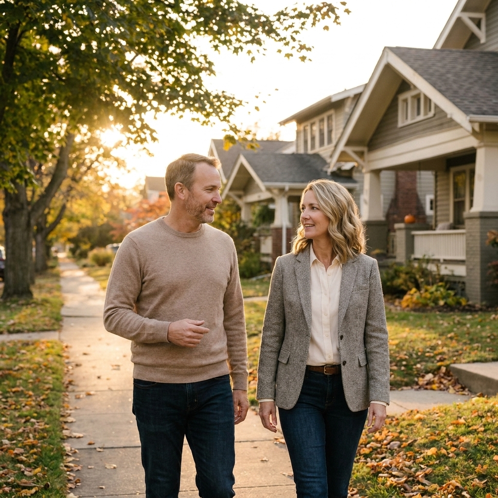 A couple walking side by side on a quiet neighborhood sidewalk at sunset, looking calmer as they talk after a disagreement