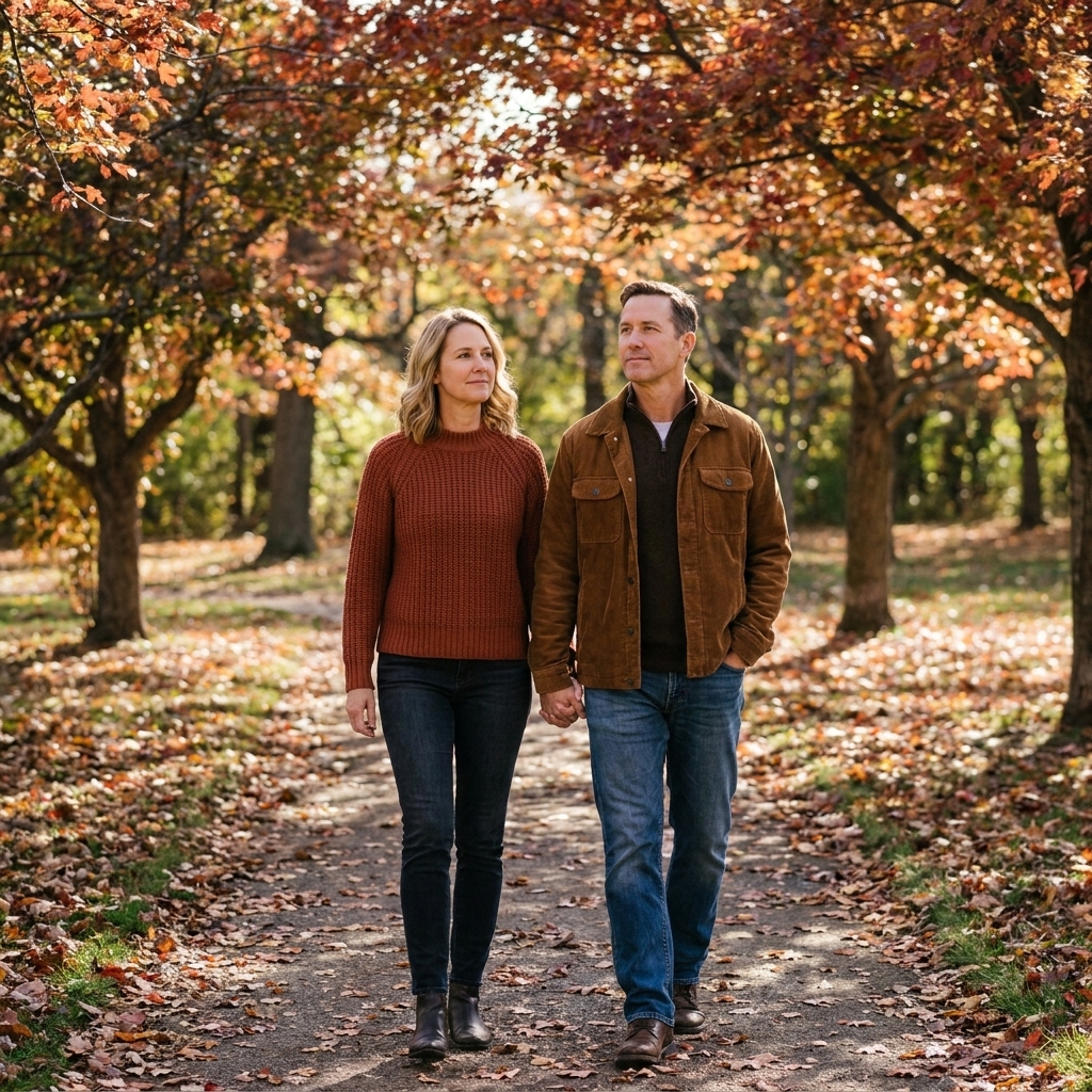 A couple walking side by side on a tree-lined park path in autumn, hands loosely linked, relaxed and reflective