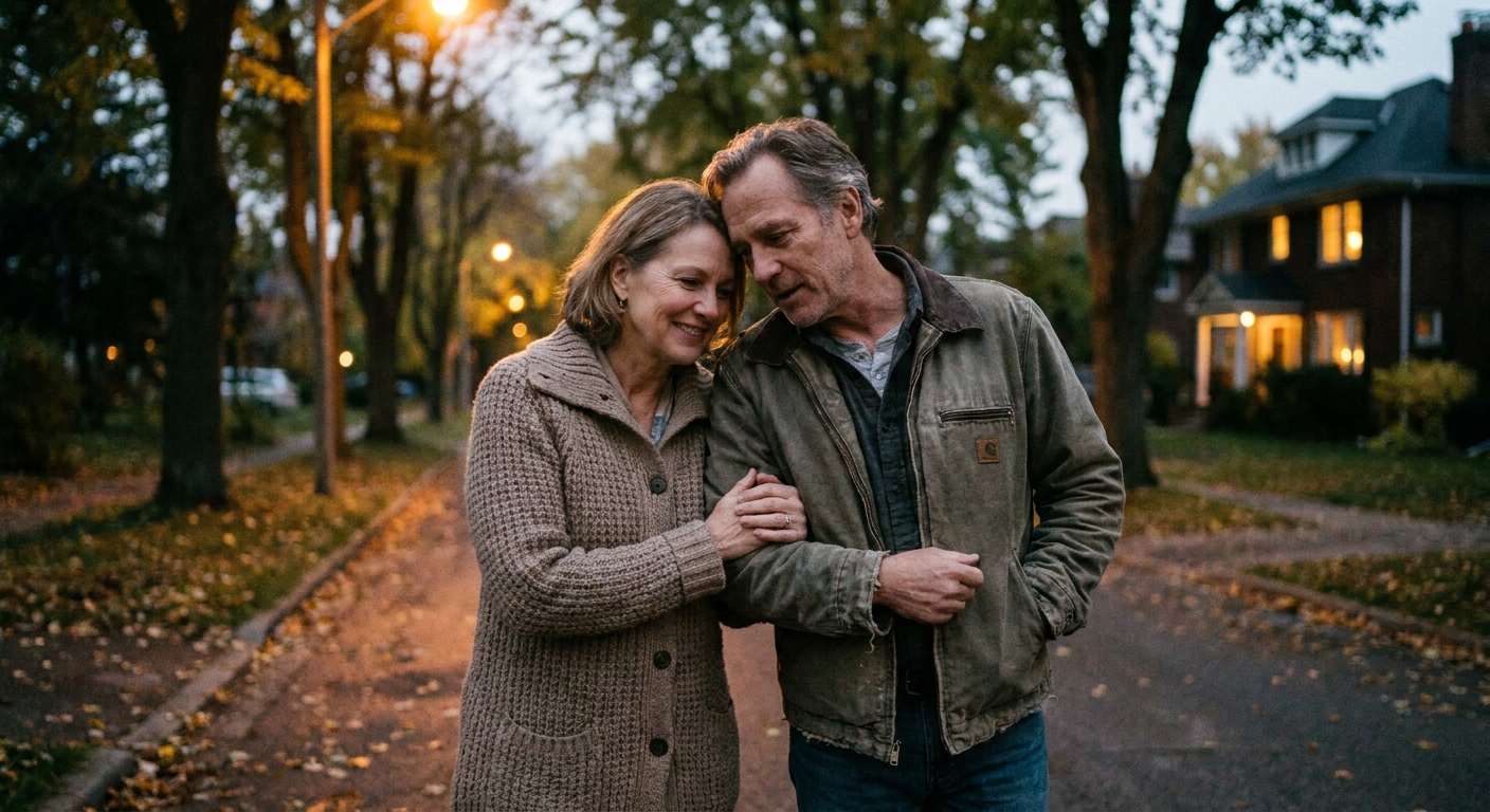 A couple walks outdoors after a family visit, talking quietly side by side in the evening.