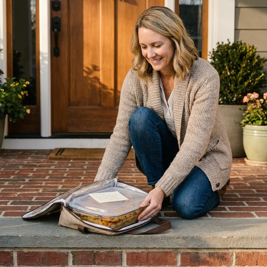 A covered casserole dish in a reusable container placed on a front porch doorstep with a small note tucked under the lid