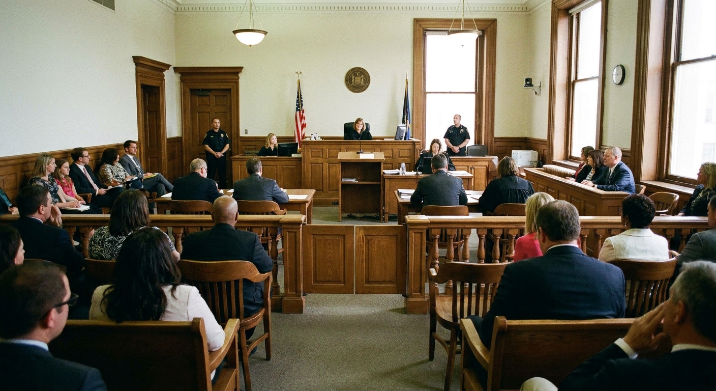 A family court courtroom during a hearing, with attorneys seated at counsel tables and a judge at the bench, viewed from the gallery
