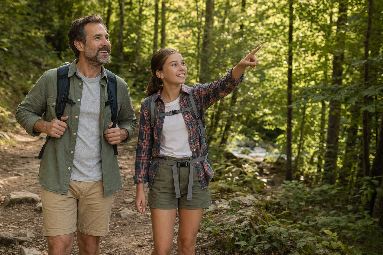 A father and teenage daughter walking on a sidewalk at sunset, talking calmly with relaxed body language
