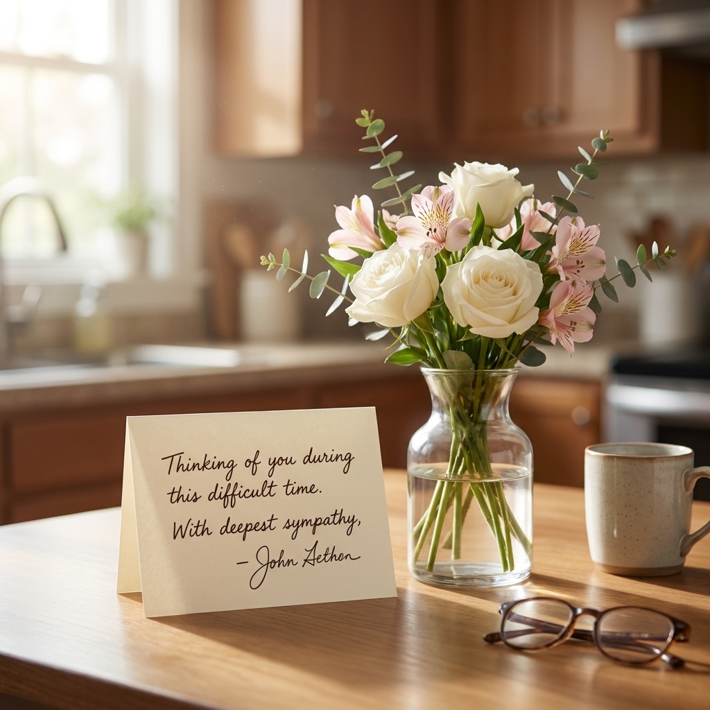 A handwritten sympathy card resting on a kitchen table beside a simple vase of flowers, morning light coming through a window