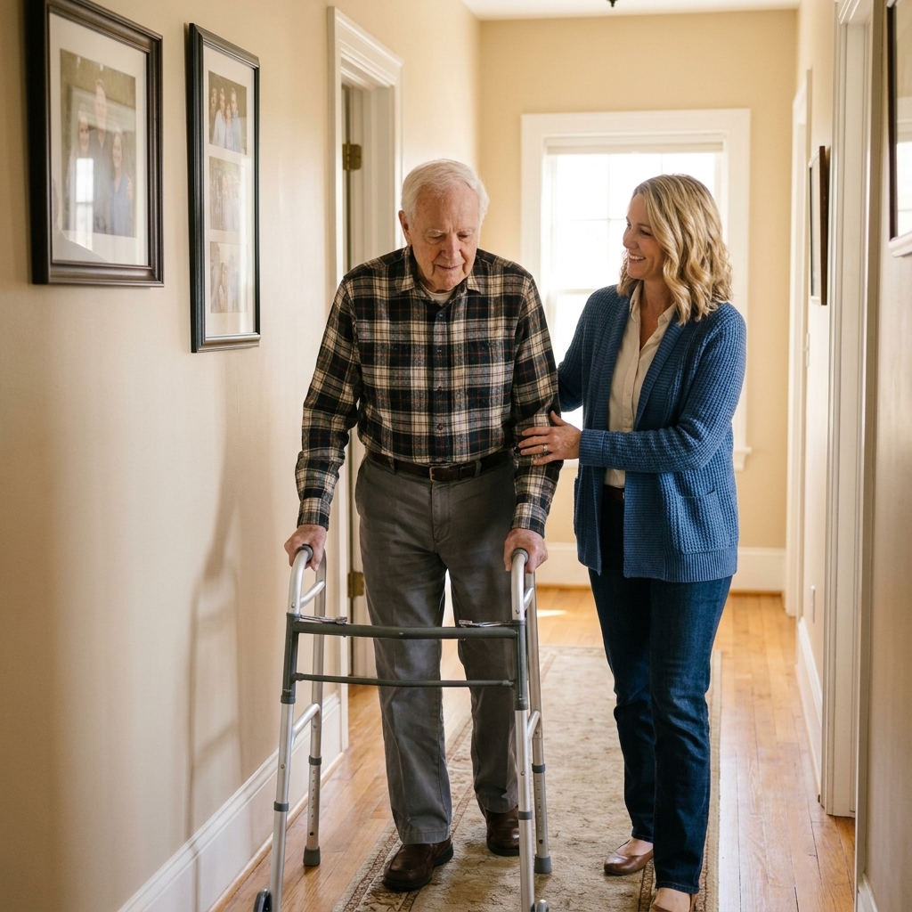 A home caregiver walking beside an older man using a walker in a hallway, with a steadying hand near his elbow