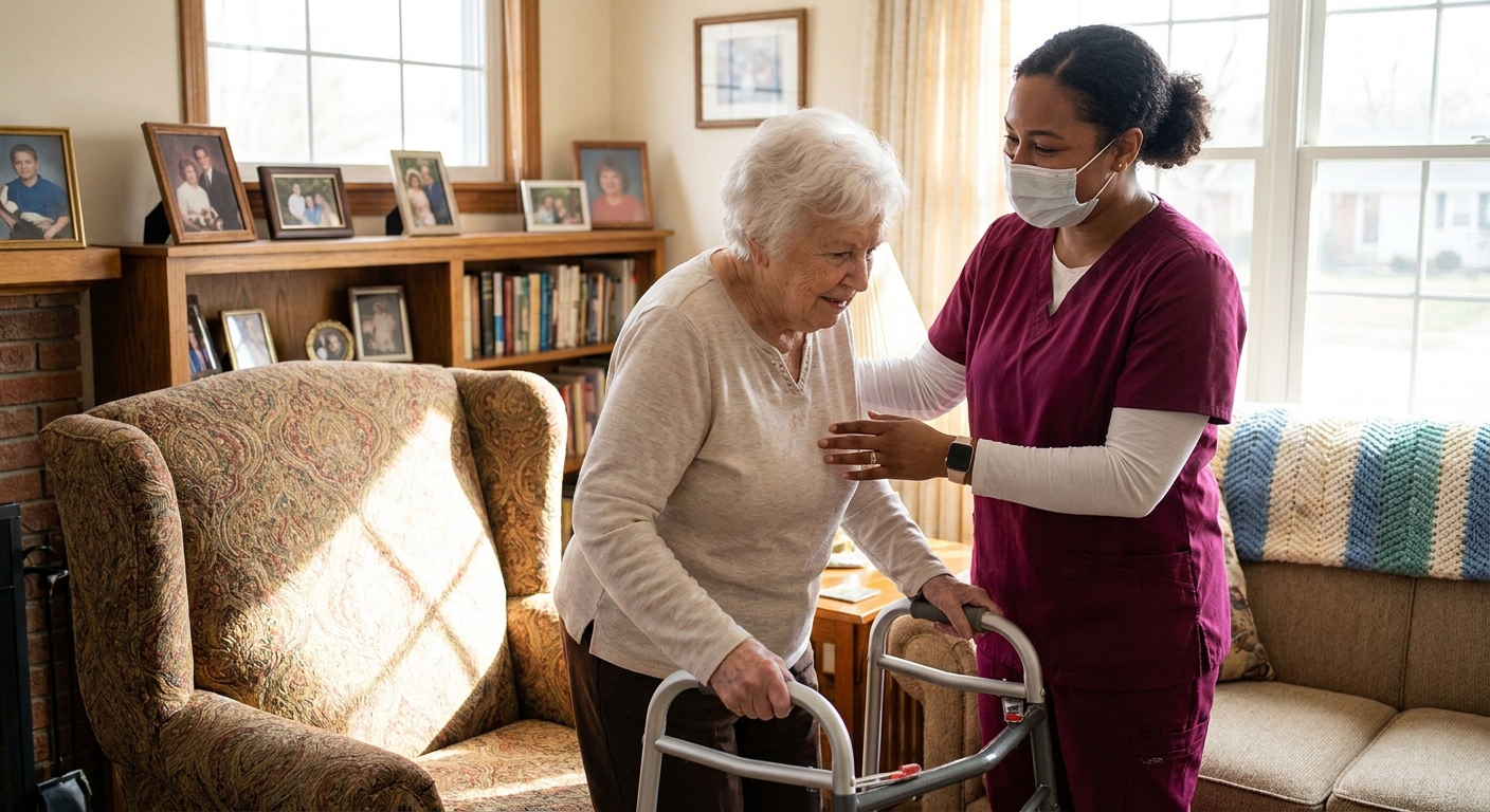 A home health aide standing beside an older adult in a living room, gently assisting them to stand from a chair