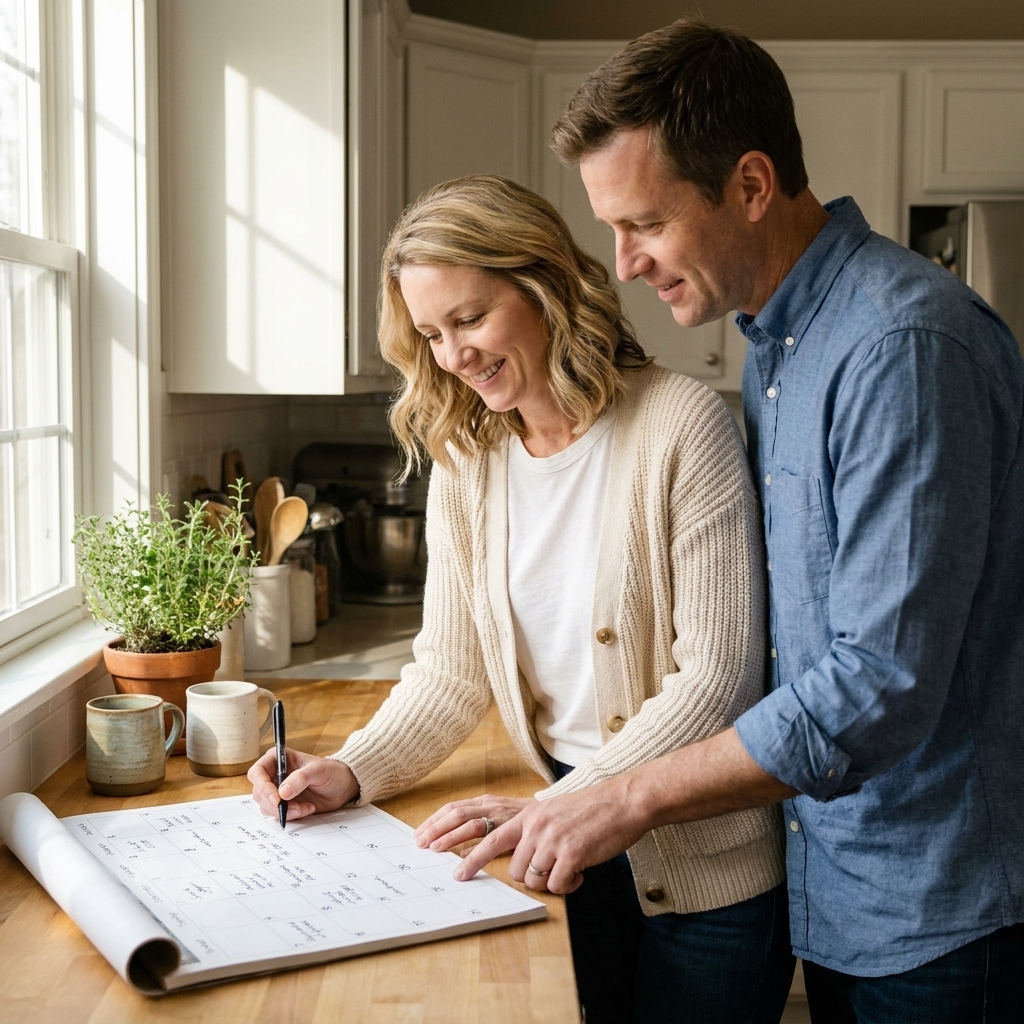 A kitchen counter with a paper family calendar and a couple standing side by side reviewing dates, one holding a pen, in a calm home setting
