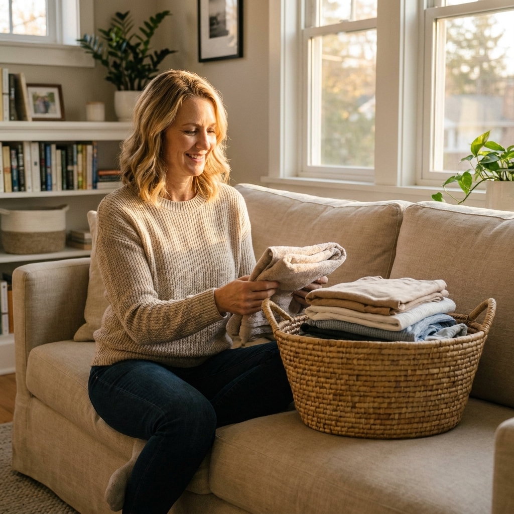 A laundry basket filled with clean folded clothes on a living room sofa in a tidy home, late afternoon natural light