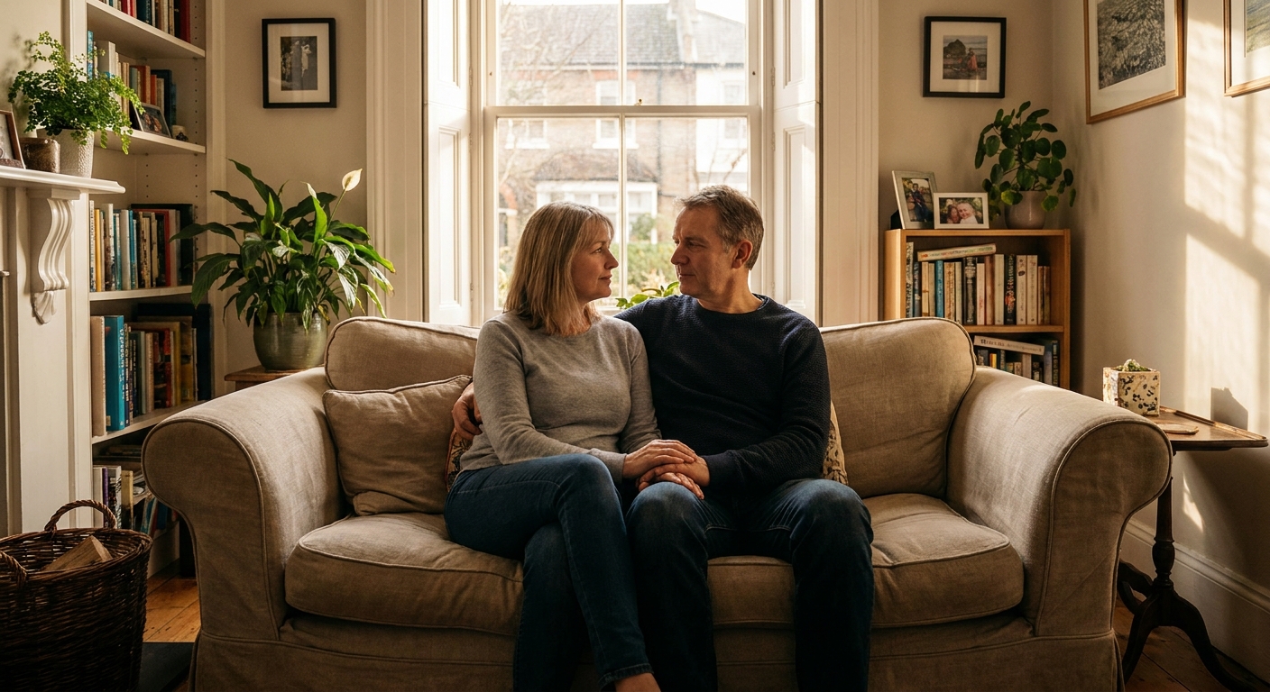 A married couple sitting together on a living room couch, holding hands and talking seriously but calmly, warm natural light