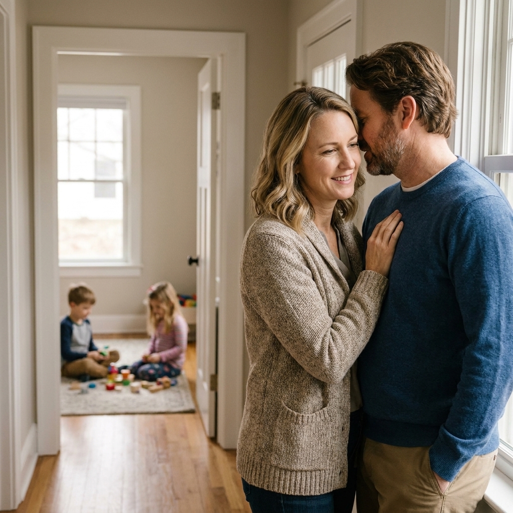 A married couple standing in a hallway at home, speaking quietly and kindly while children play in another room