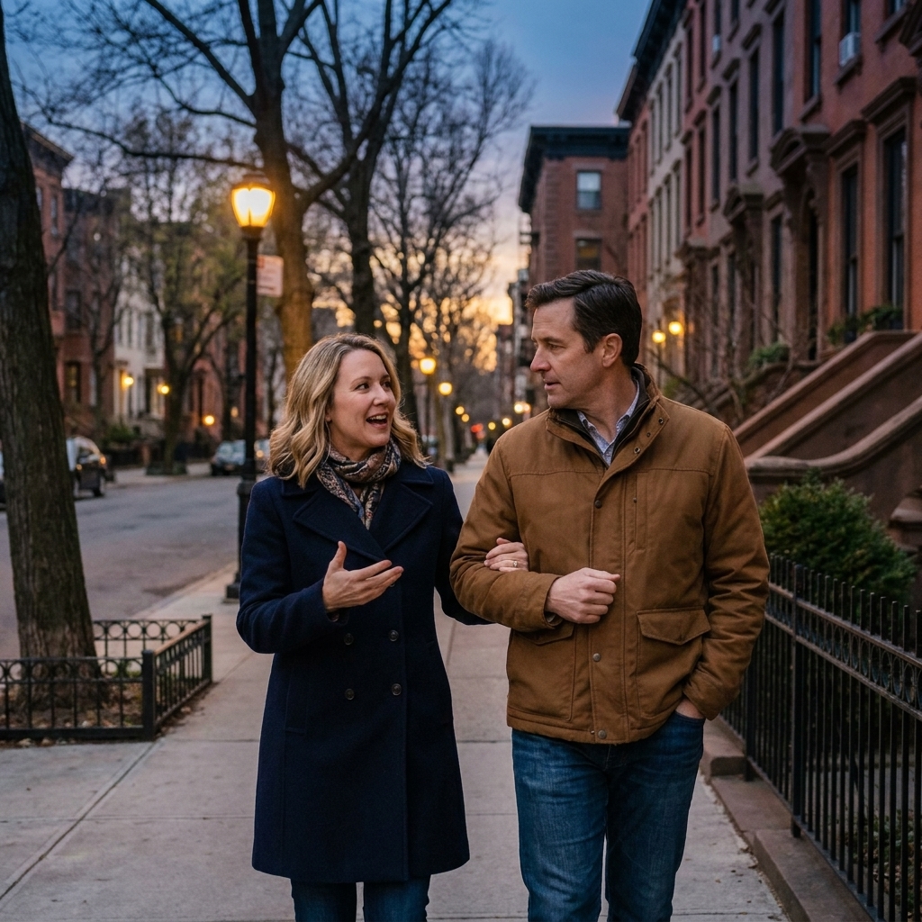 A married couple walking together in the evening along a quiet neighborhood sidewalk, talking closely