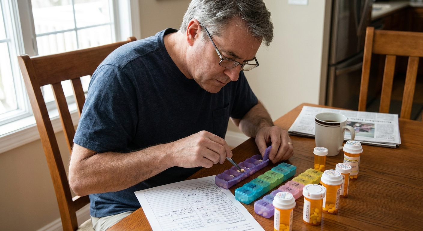 A middle-aged man seated at a dining table organizing weekly pill boxes and a printed medication list, focused and careful
